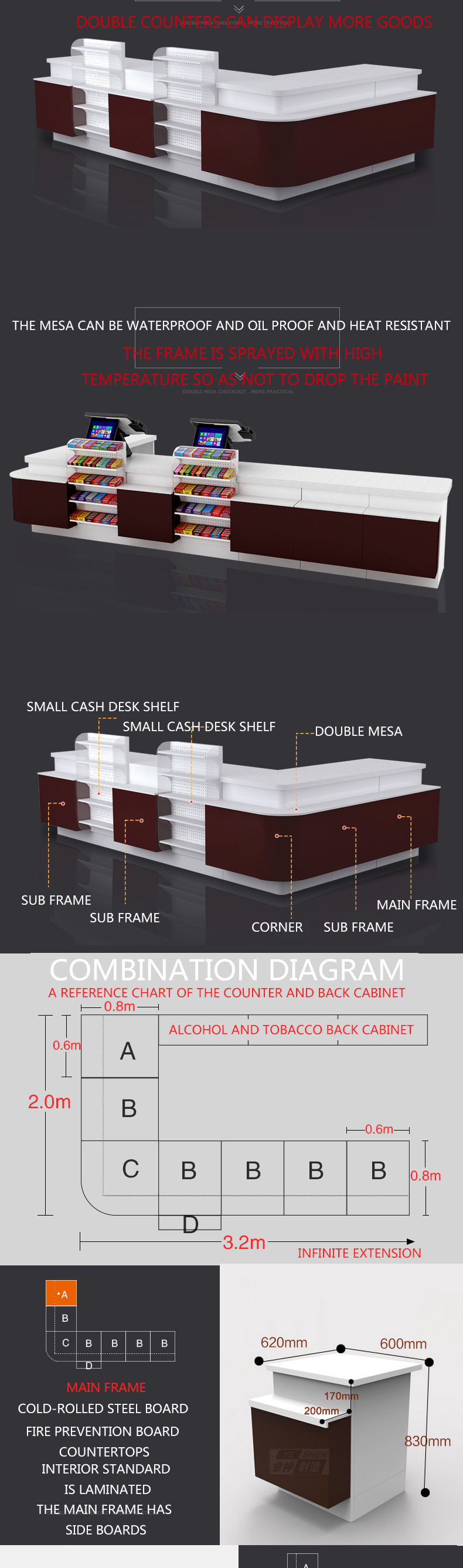 Retail Store & Supermarket Stainless Steel Checkout Counter with Small Shelf