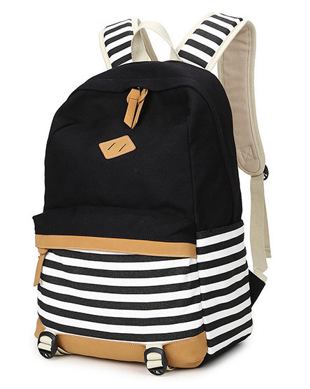 Featured Neutral Canvas Double Shoulder Bag Navy Striped Bag Girls' Boys' School Bag High School Bag