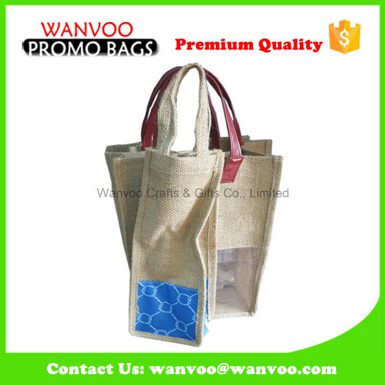 Customized Wholesale Foldable Jute Tote Shopping Bag with PVC Window for Wine