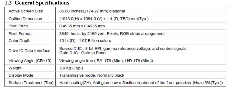 86 Inch TFT-LCD TV Monitor with Resolution 3840*2160