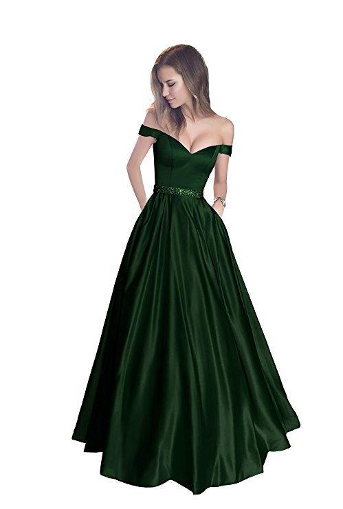 off The Shoulder Beaded Satin Evening Prom Dress with Pocket Customized Gowns