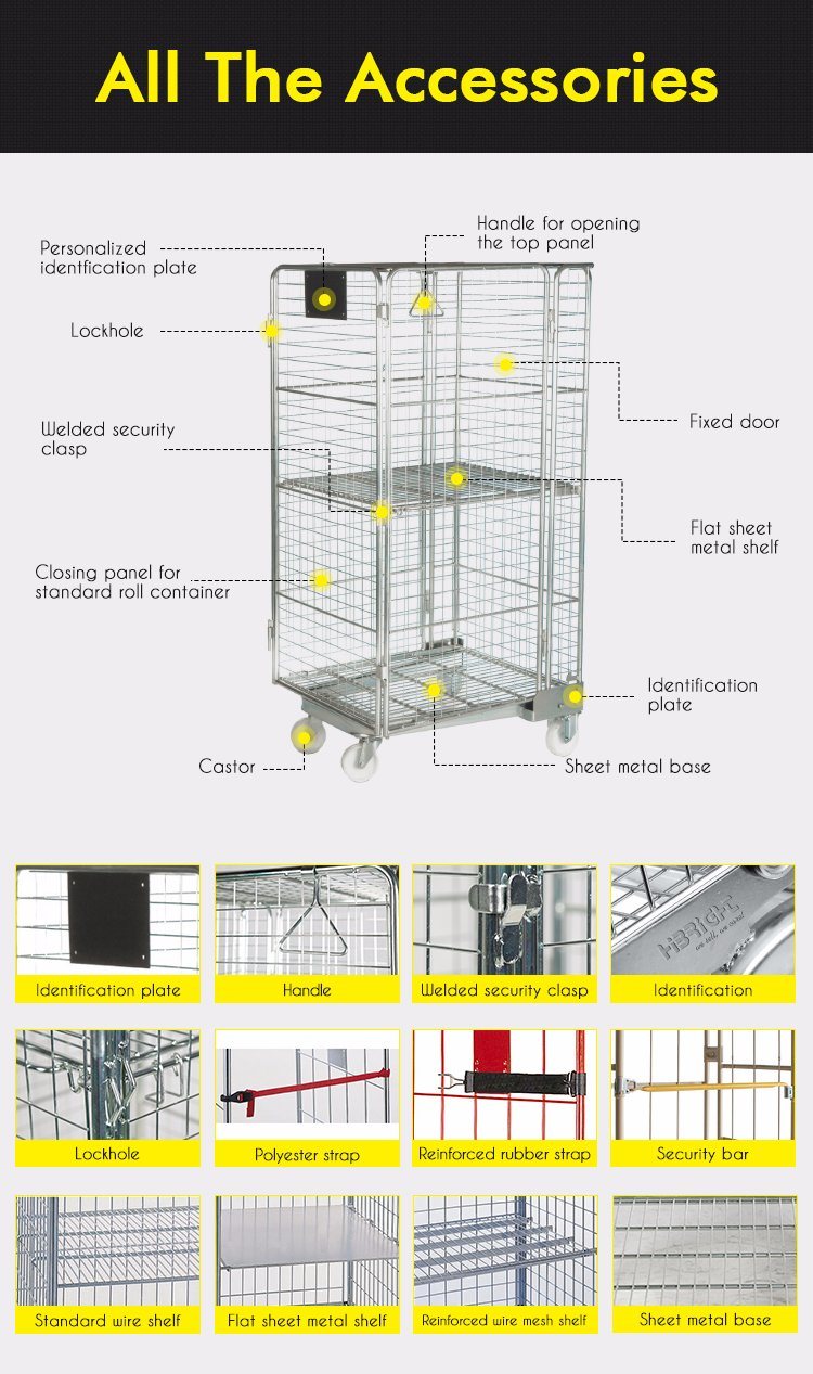 Wire Mesh Metal Storage Cage Nestable Roll Container Trolley