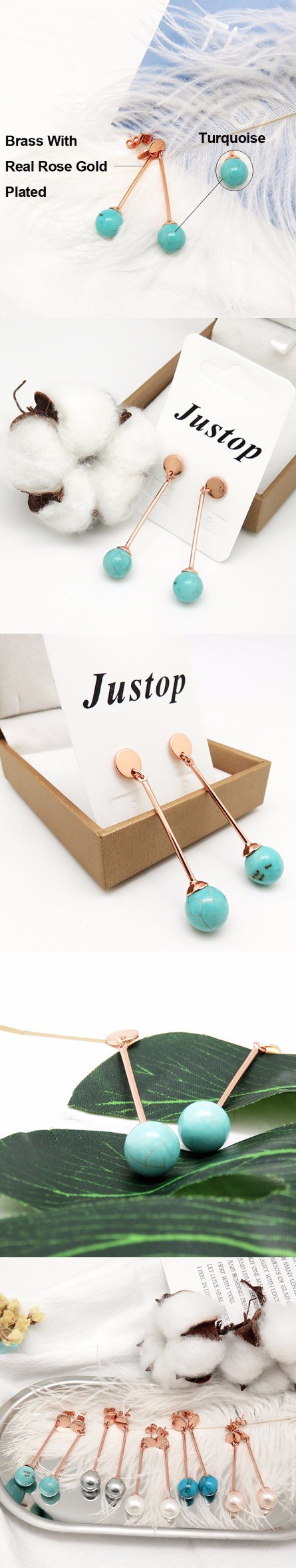 18K Rose Gold Dangle Blue Turquoise Ball Earring