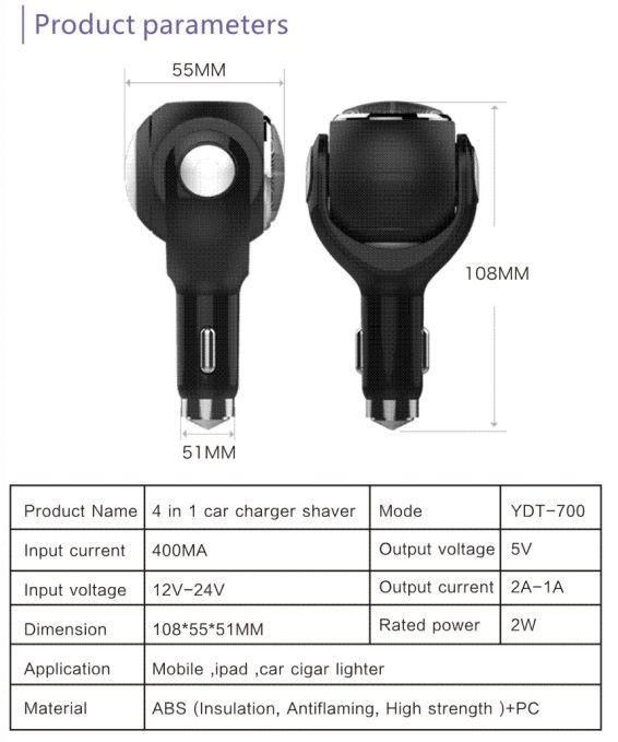 New Arrivel Dual USB Car Charger Adapter for Mobile with Shaver and Safety Hammer