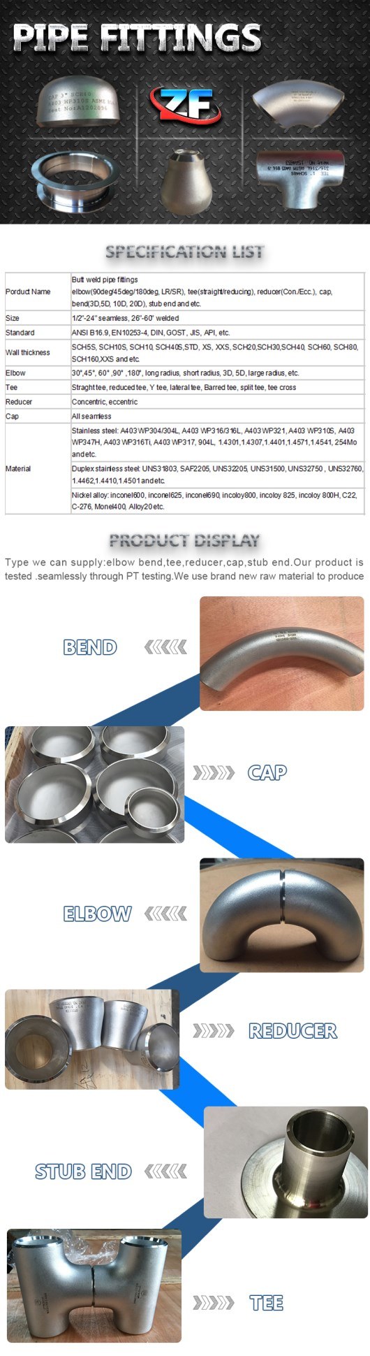 A403 Wps316 Butt Weld Seamless Stainless Steel Pipe Reducer