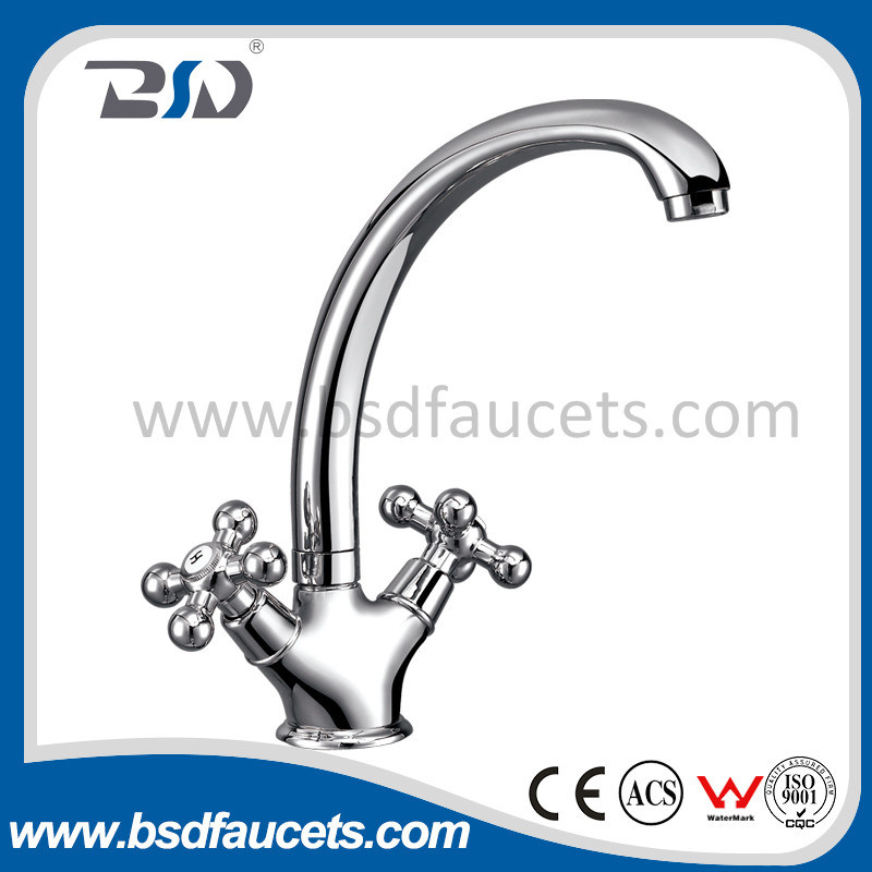 Chrome Polished Deck Mounted Dual Lever Kitchen Sink Mixer Faucet