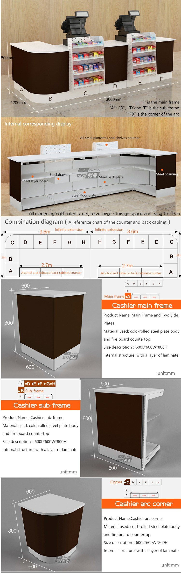 Metal Cash Register Stands Checkout Counter for Supermarket & Conveniece Store