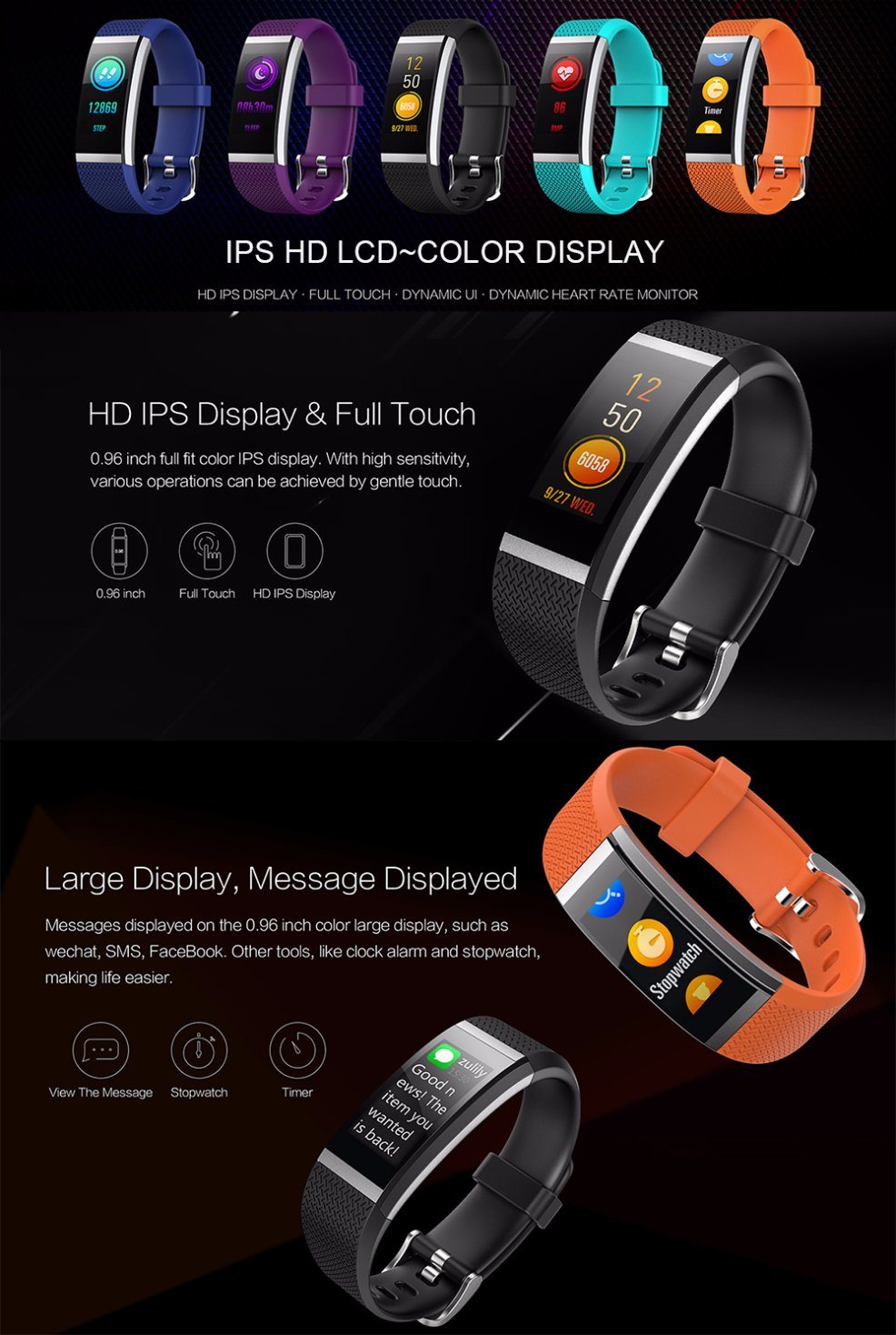 High Quality Fashionable Desig Colorful Display Smart Watch Bracelets with Heart Rate Monitor Blood Pressure.