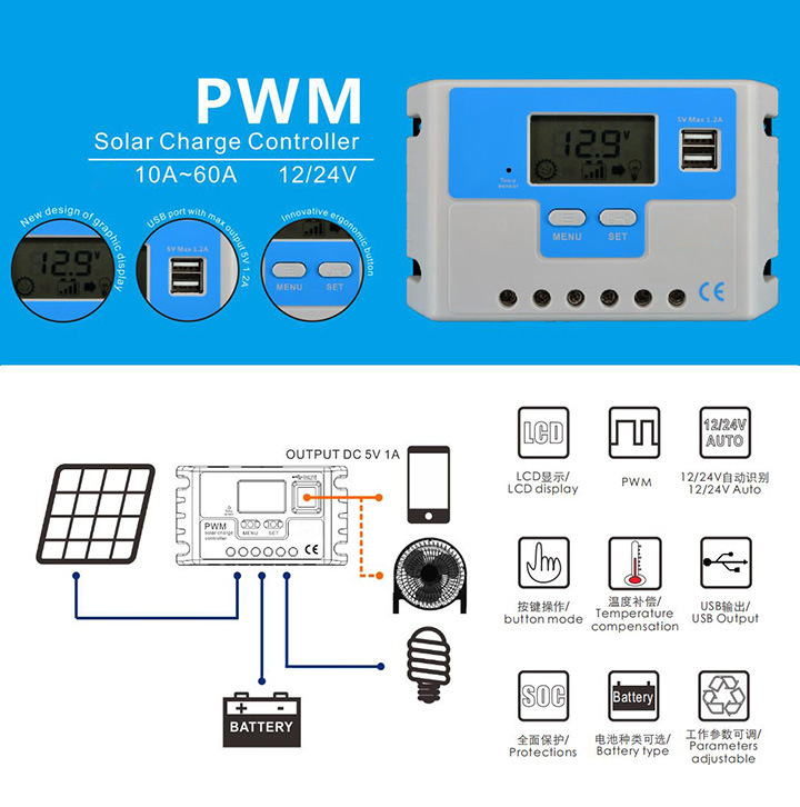 60AMP PWM 12V 24V Auto Intelligent Solar Panel Battery Regulator Solar Charge Controller with Temperature Compensation