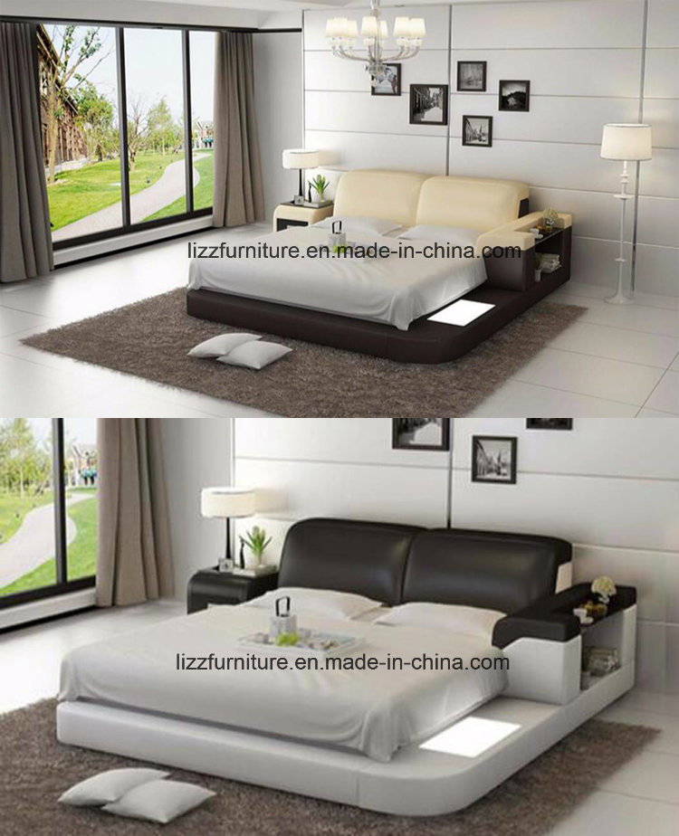 Modern Luxury White Double Leather Bed with Drawer