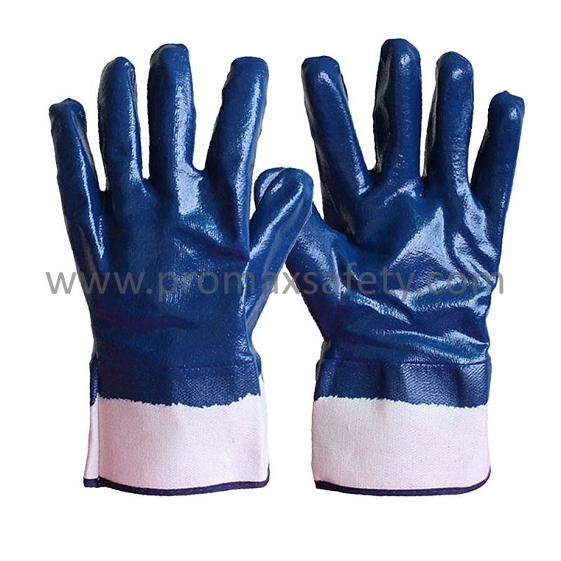 Heavy Duty Chemical Oil Proof NBR Cotton Jersey Blue Nitrile Fully Gloves