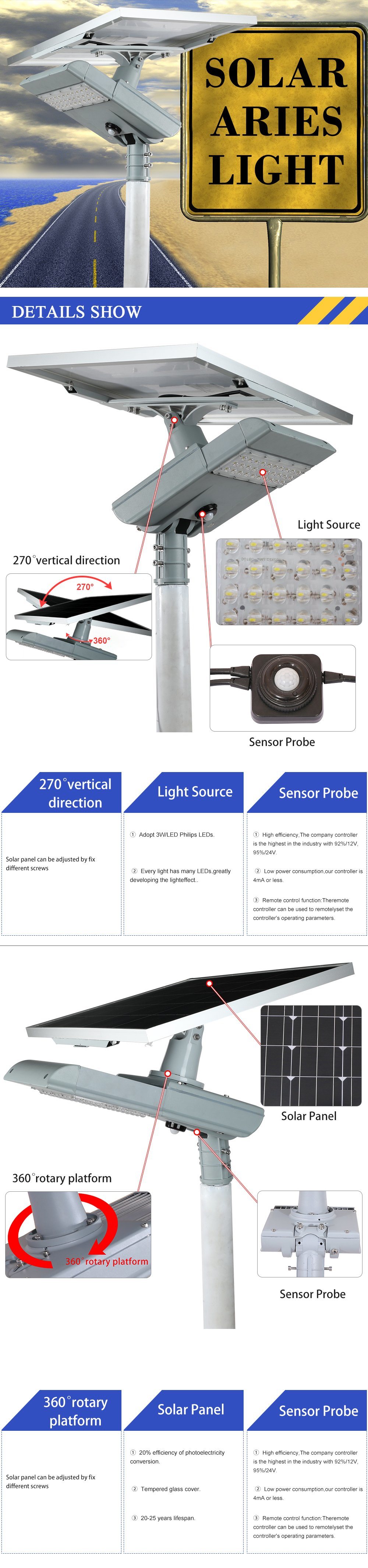 20W/30W/40W/50W/60W/80W/100W Solar Outdoor Street Garden LED Light All-in-One/Integrated with Motion Sensor