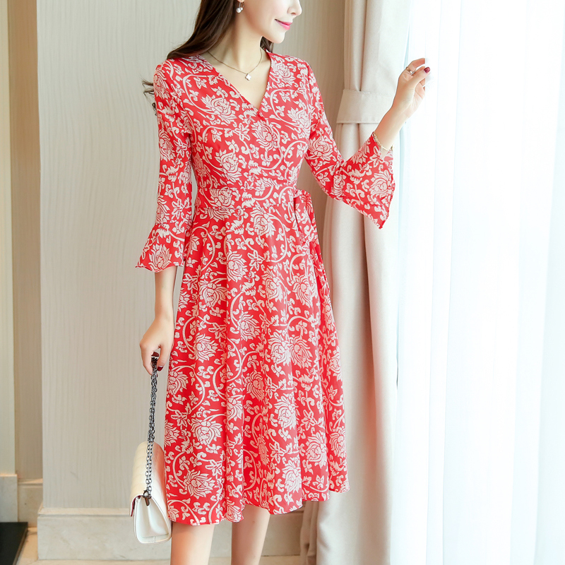 Chiffon Floral Red Temperament Print Women Dress