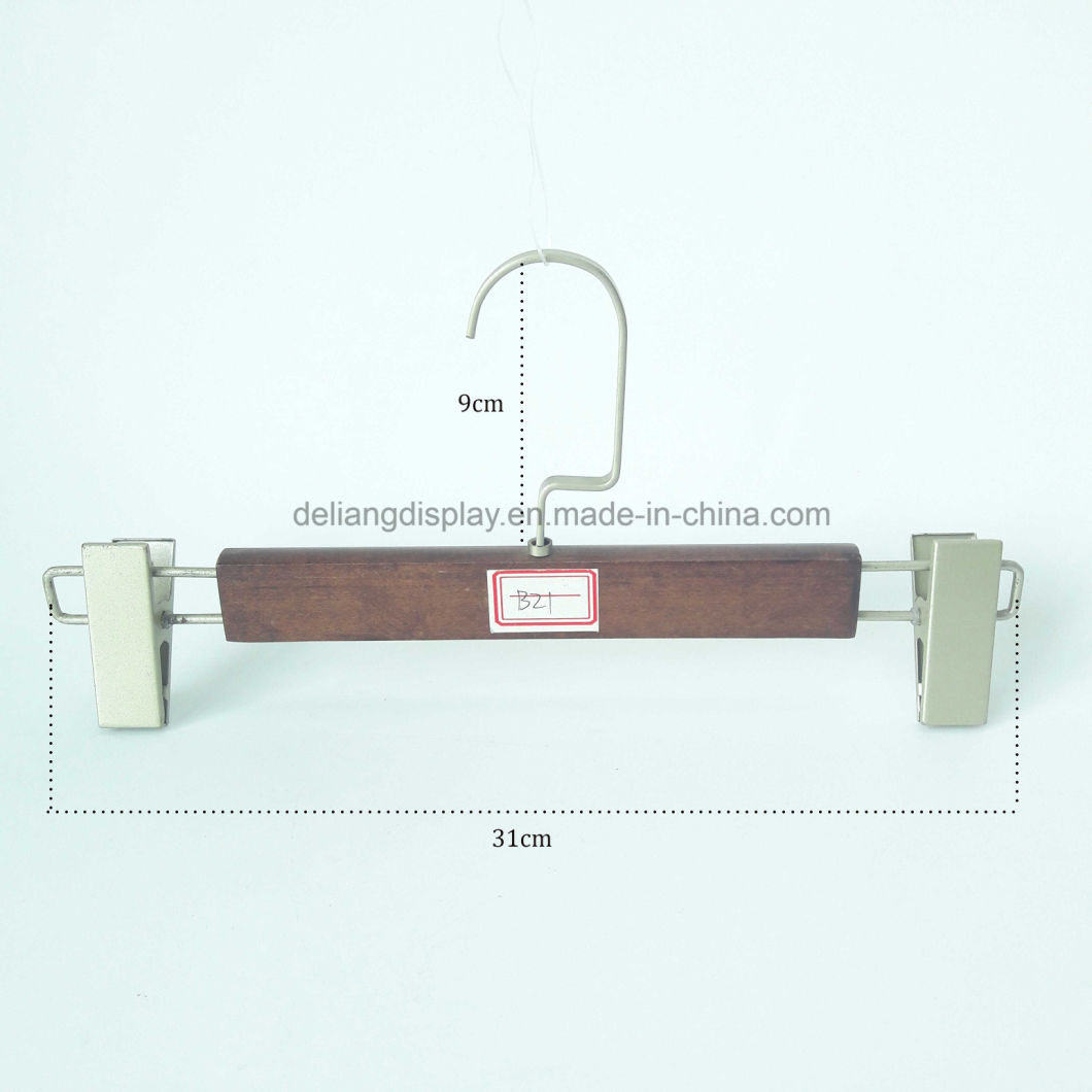 Red Brown Color Hanger Wooden Pants Hanger with Metal Clips