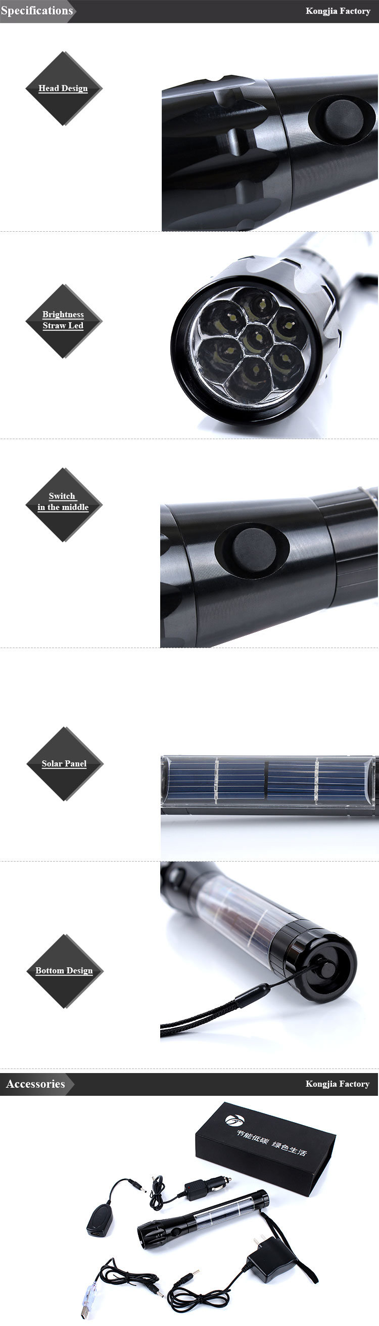 Outdoor Super Bright LED Torch Light Solar Rechargeable Flashlight