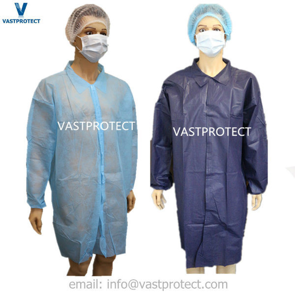 High Quality White Blue Disposable SMS Lab Coats with Cotton Knitting Cuff