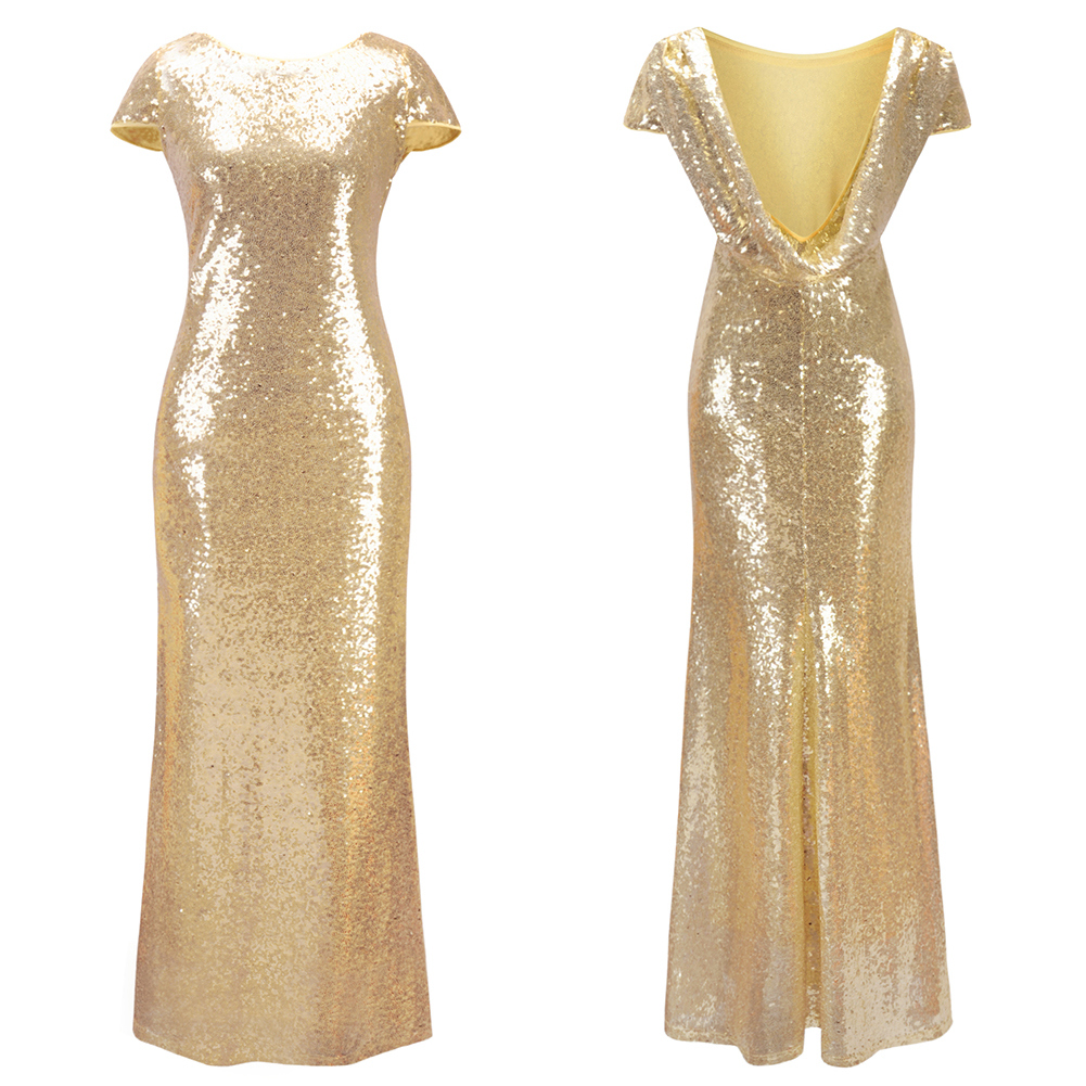 Golden Sequin Backless Wedding Long Dresses for Bridesmaid