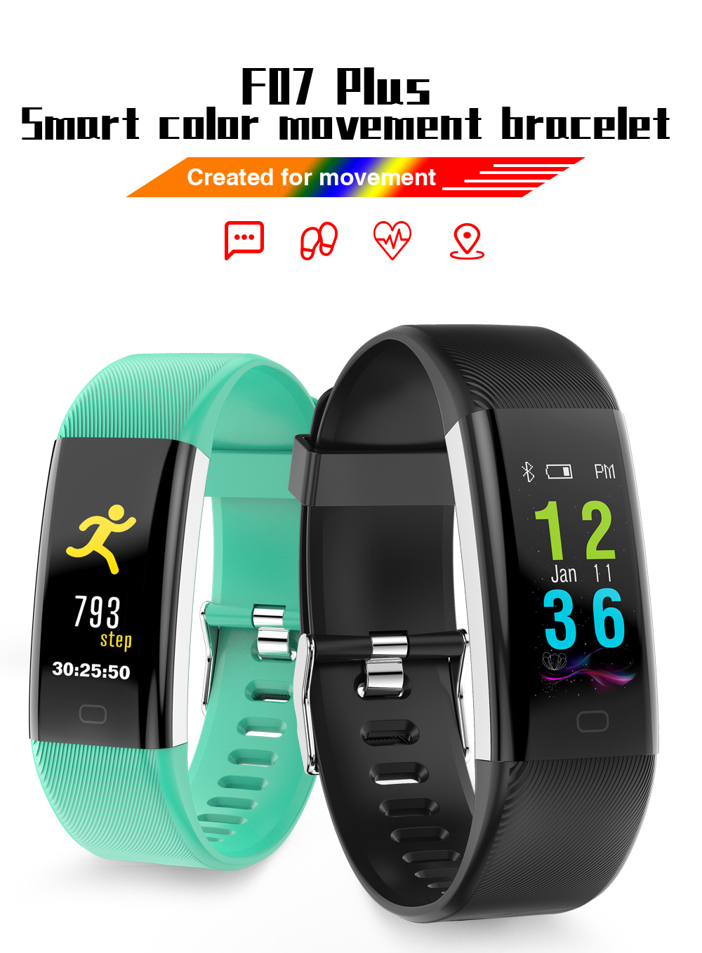 Timethinker F07 Plus Smart Bracelet Watch Bluetooth Wristband Fitness Tracker Smartband Blood Pressure Hear Rate Monitor IP68