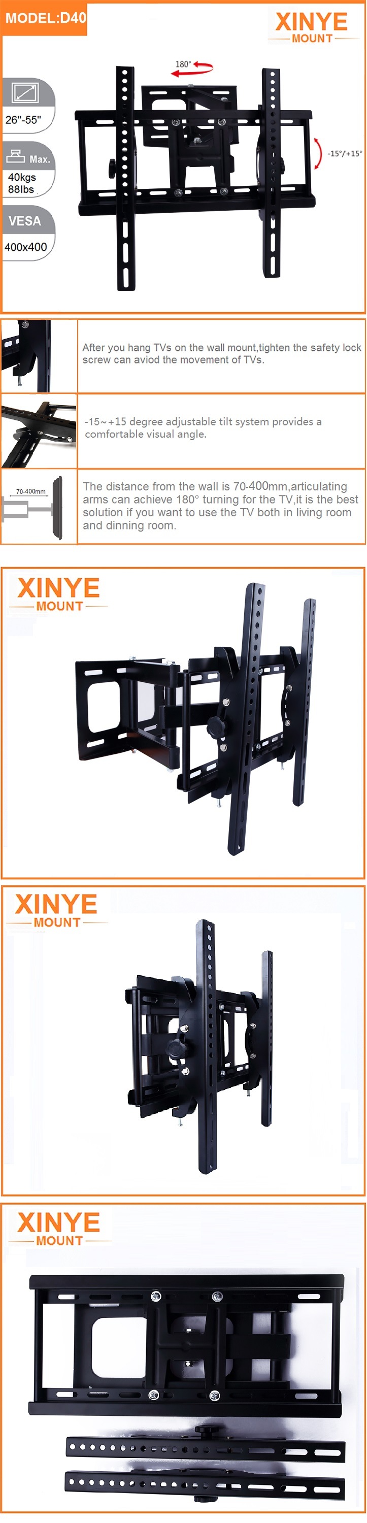TV Wall Mount Bracket for Most 26-55 Inch Flat Screen TV, with Full Motion Swivel Articulating Arms