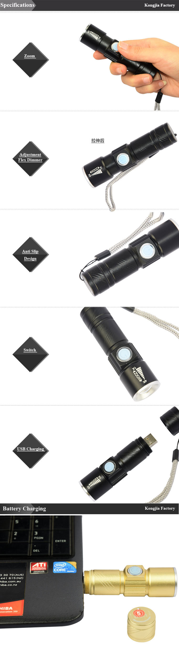 Pocket USB Rechargeable Bright Zoom LED Flashlight