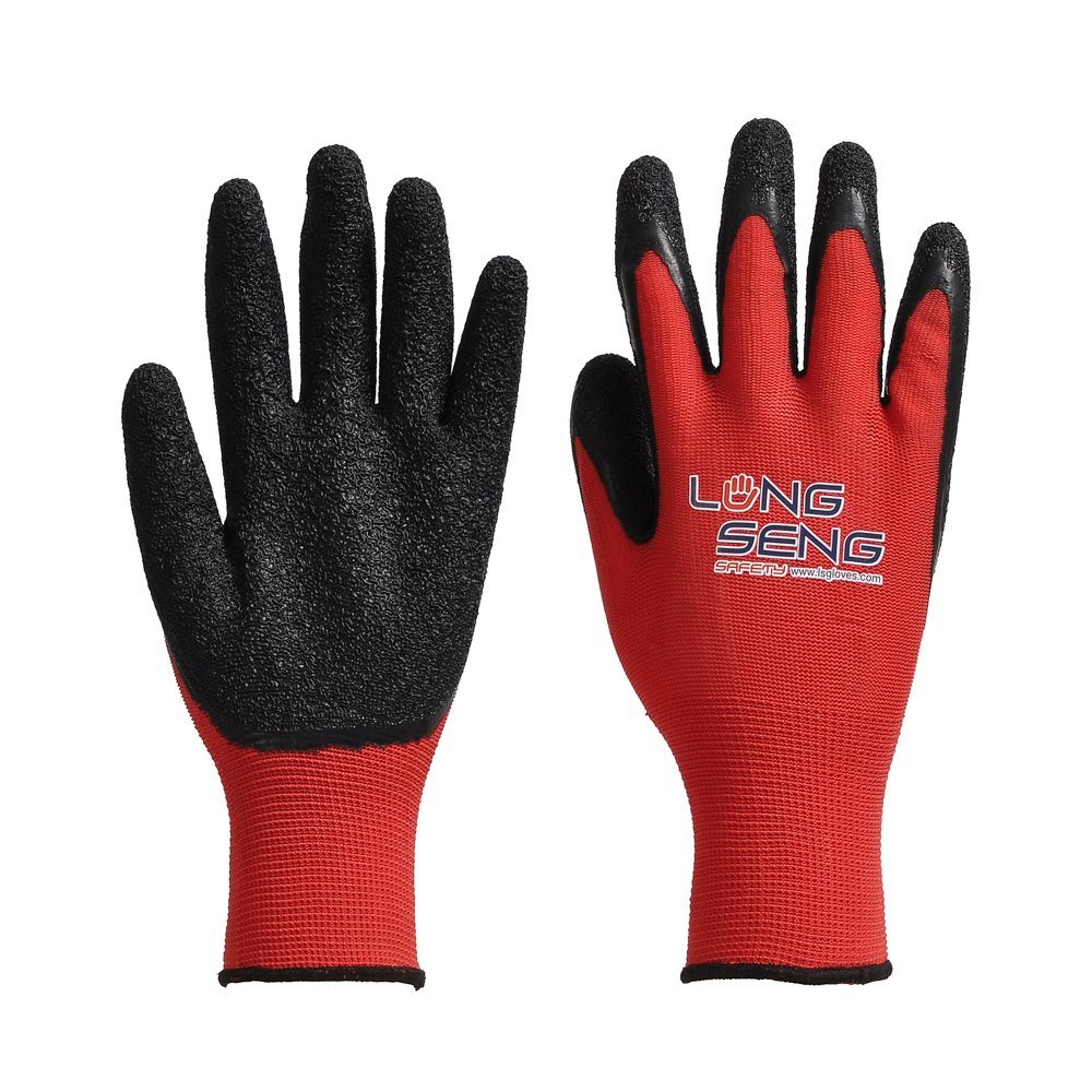 13G Nylon Liner Palm/Half Dipped Crinkle Latex Coatd Safety Work Hand Glove with Red Liner Black Rubber