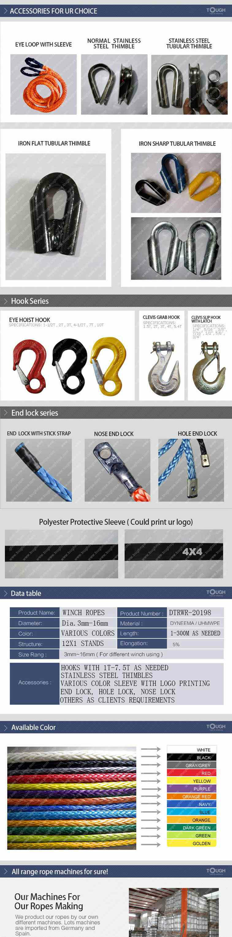 Dyneema Fiber Synthetic Rope with Hook for Electric Winch