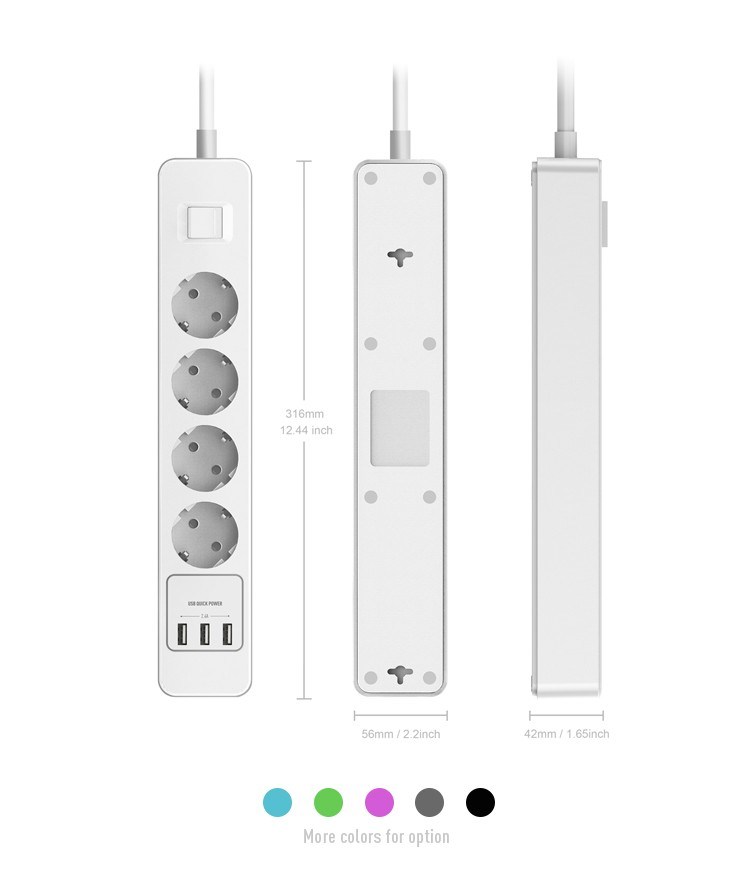 Overload Protection Universal Power Strip 4 Outlet Extension Switched Socket with Smart USB Charging Port