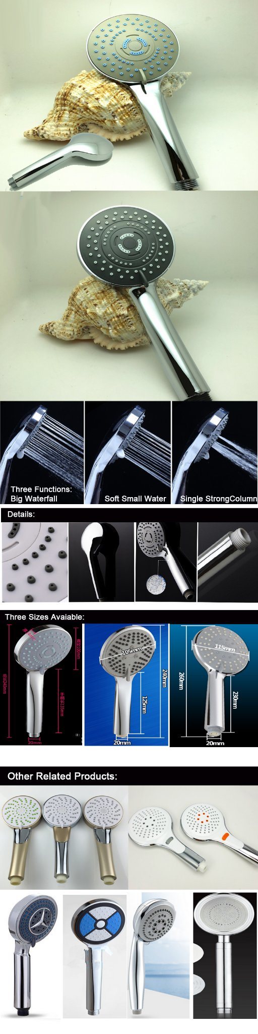 Handheld Shower Head High Pressure Rainfull Massage Flexible Stainless Steel Hose Angle Adjustable