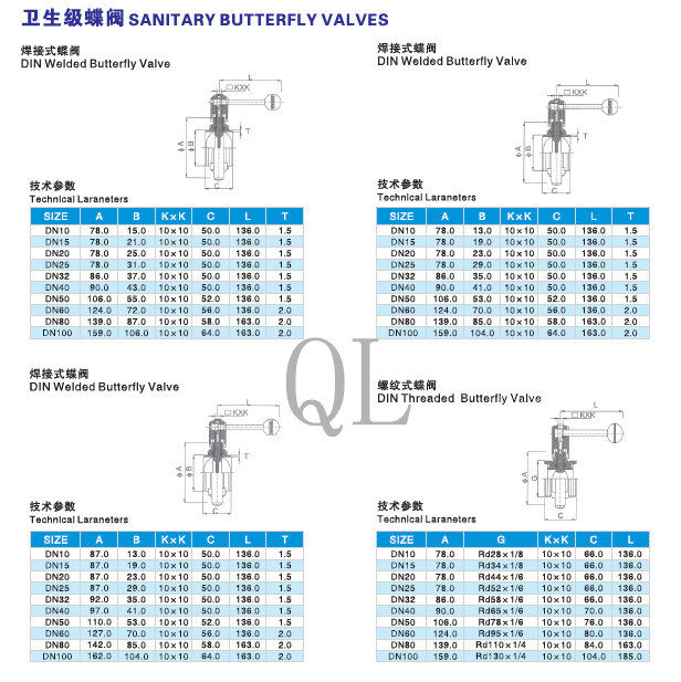 304/316L Sanitary Stainless Steel Weld/Threated/ Clamped Butterfly Valve