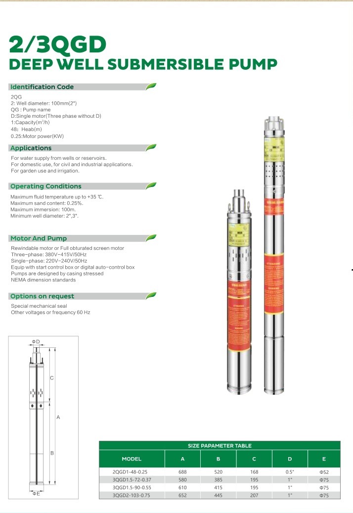 2 Inch Electric Powered Screw Submersible Water Pump 0.5HP