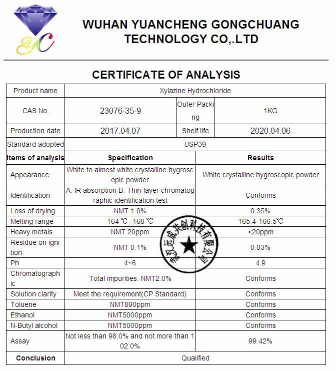 99.7% Purity Xylazine Hydrochloride as Agonists 23076-35-9