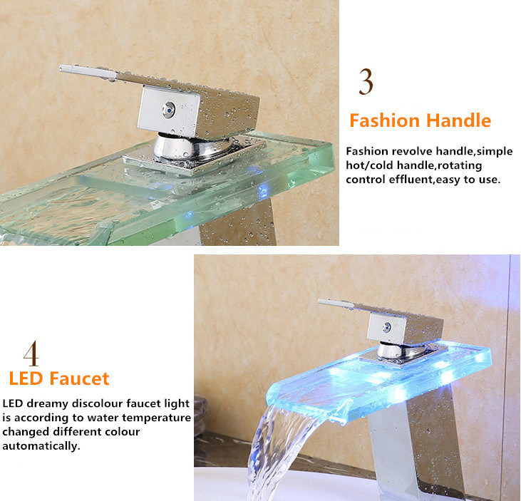 LED Discolour Glass Chip Waterfall Chrome Plated Basin Faucet