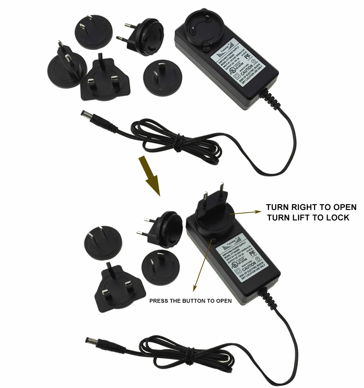 Fuyuang Plug in 12V 3A AC DC Adapter Power Adapter with Changeable Us, EU, Au AC Plug