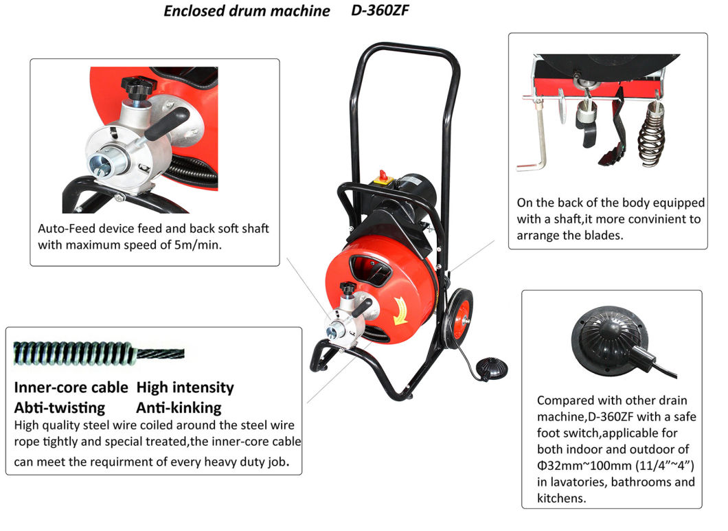 Electric Drain Cleaner with Drum and Wheels (D-360ZF)