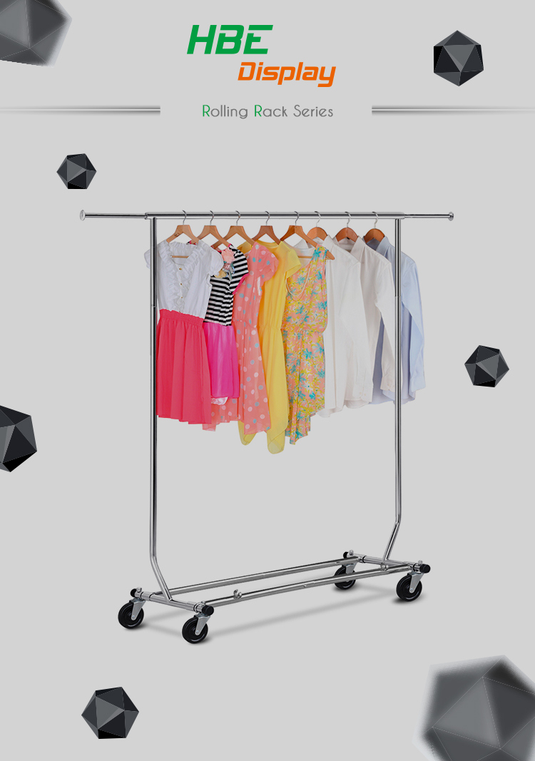 Collapsible Chromed Single Bar Rolling Garment Clothes Rack