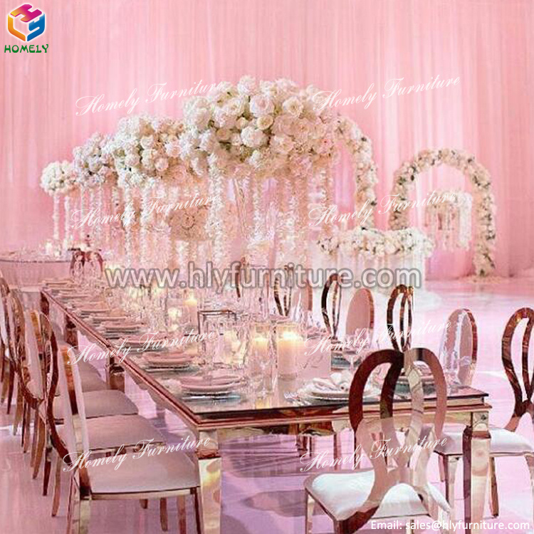 Foshan Mirror Glass Top Stainless Steel Metal Banquet Tables and Chairs for Wedding and Event