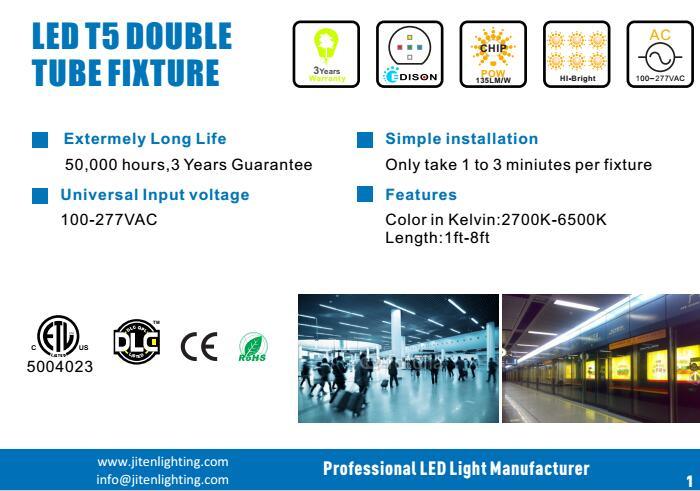 Double Tube T5 15W 2FT LED Fixture T5 Tube Lighting Fixture UL, ETL Dlc Approved