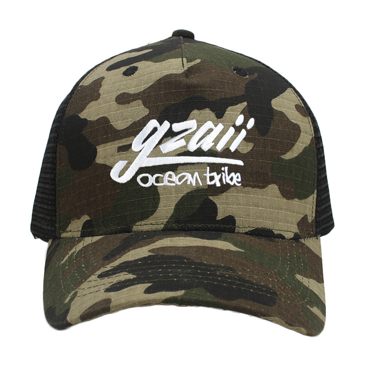 6 Panel Embroidered Camo Trucker Mesh Cap