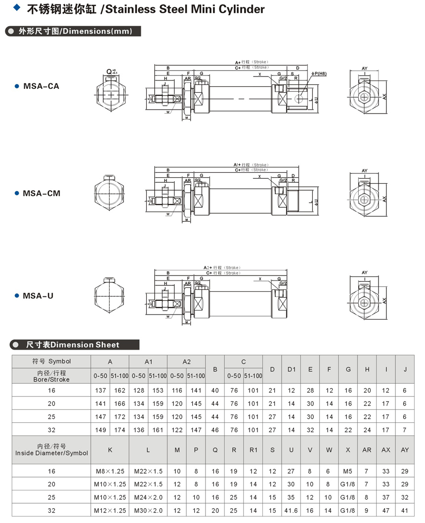 Ma Stainless Steel Mini Pneumatic Cylinders Bore25