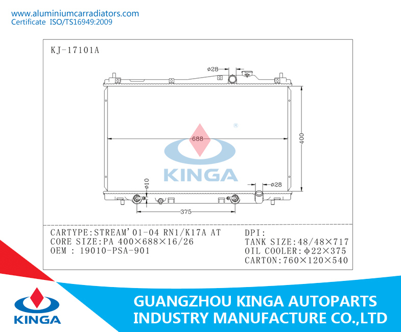 19010-PSA-901 Aluminum Car Radiator For Honda STREAM'01-04 RN1/K17A