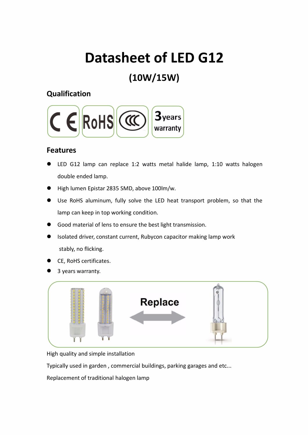 230V 15W G12 LED Lamp Ce UL