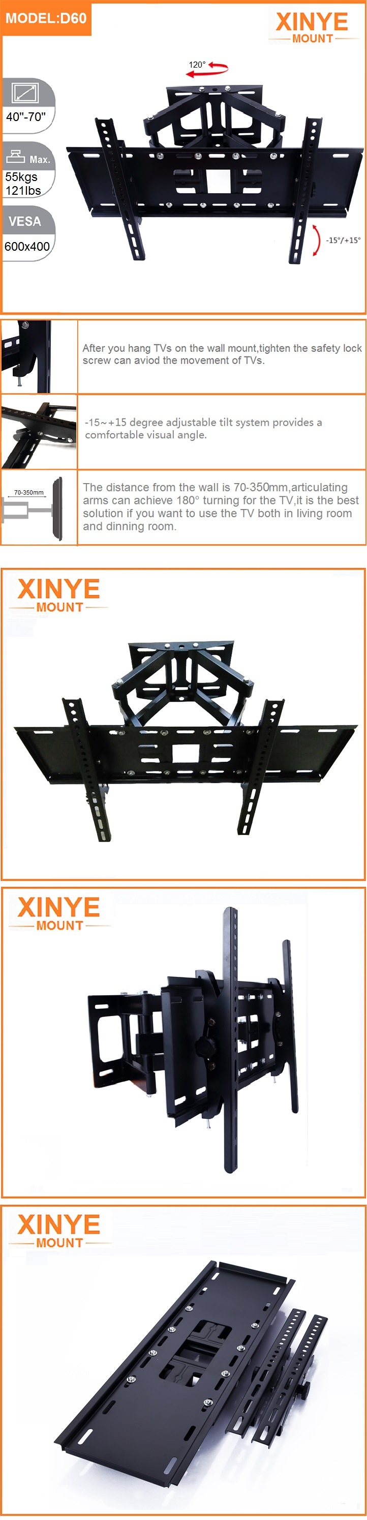 Full-Motion LED/LCD TV Mount Fit for 40-70''