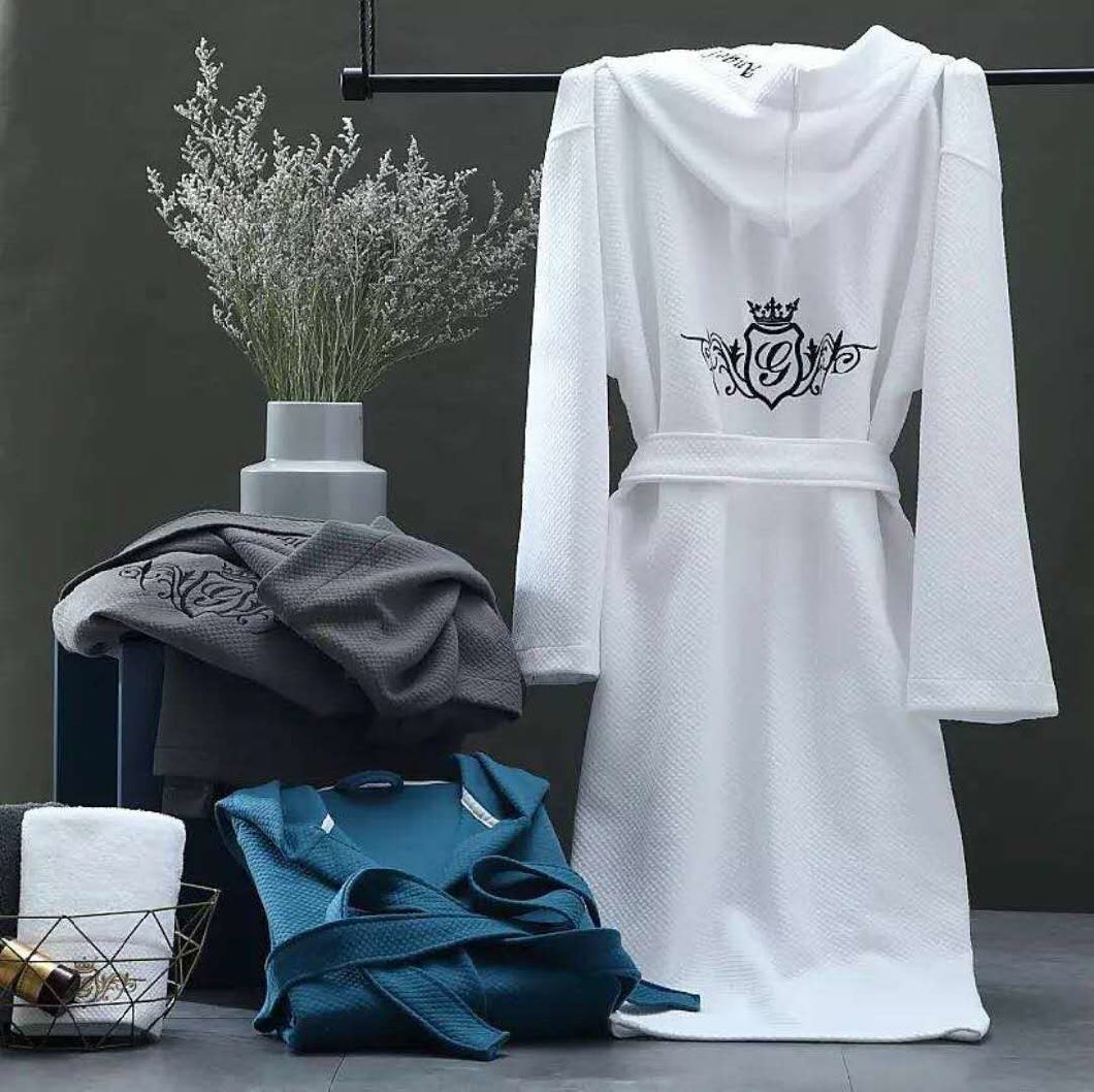 High Quality 100% Cotton White Printed Terry Waffle Hotel Bathrobe