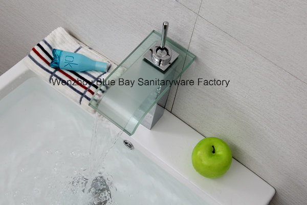 Deck Mount Chrome Glass Spout Bathroom Sink Mixer