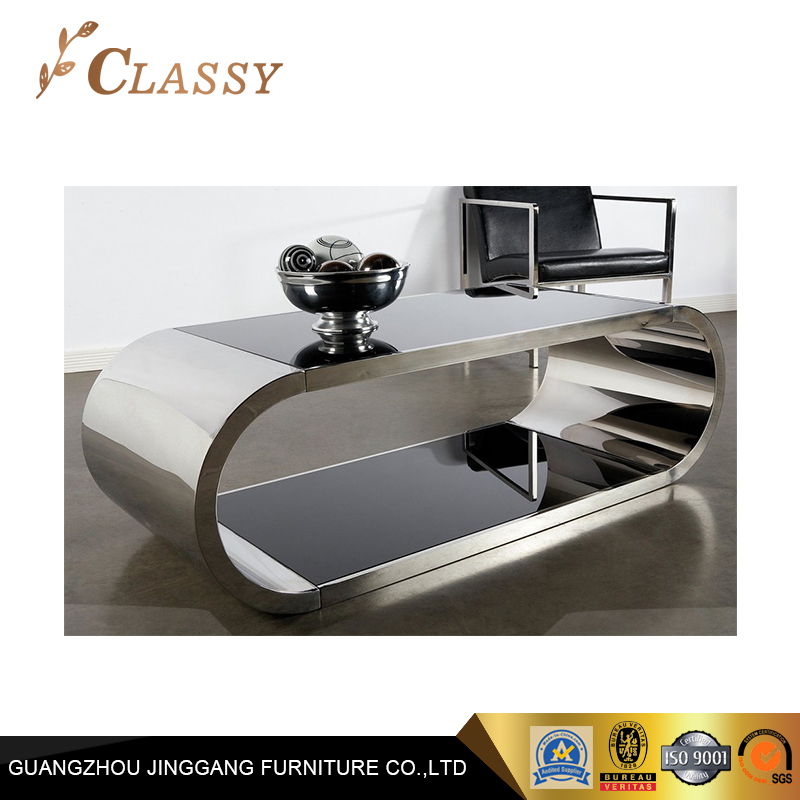 Modern Polished Stainless Steel Coffee Table with Glass Top