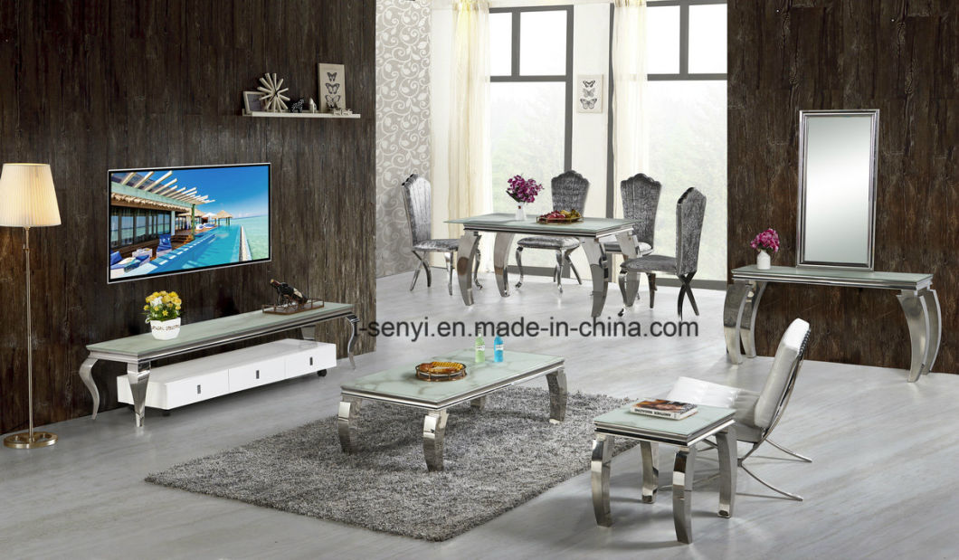 Modern Living Room Furniture Imitated Wood Top or Glass Top Stainless Steel Coffee Table