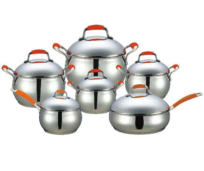 Big Apple Belly Shape 8 Pieces Cookware with Orange Silicone Covered Handle and Knob