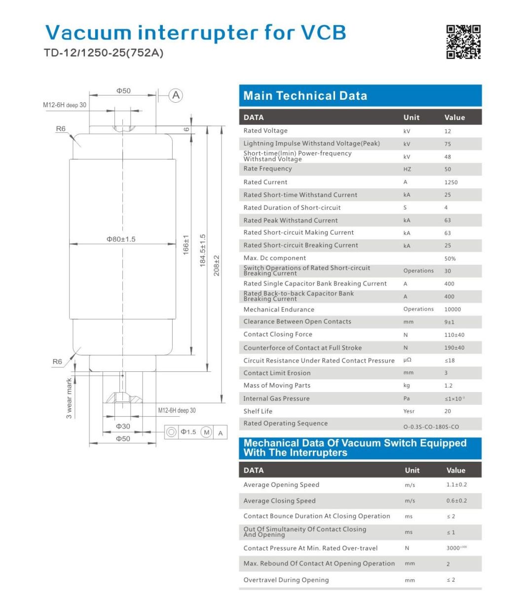 Vacuum Interrupter for Vcb Td-12/1250-25 (752A)