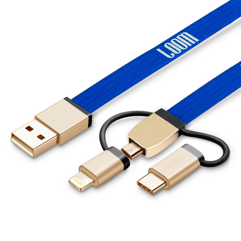 Blue Lanyard USB Cable with 3 Adapters Gift for Mobile Phone Charging Promotion Gift
