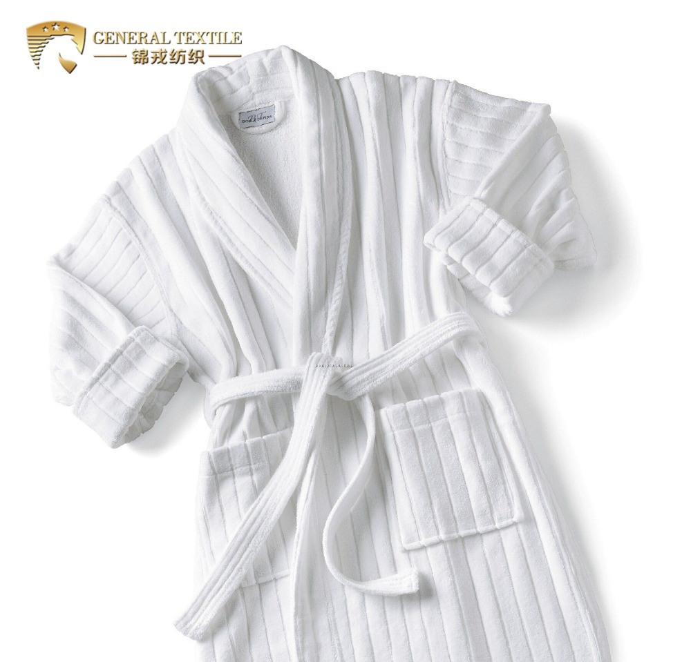 Customized White Shawl Collar Ribbed 5 Star Hotel Men Stripe Velour Bathrobe (JRL070)